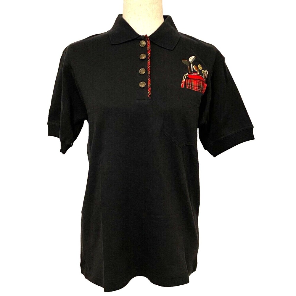 NWT LINE-UP For Sport Women's S Black Embroidered GOLF Polo T Shirt Red Tartan